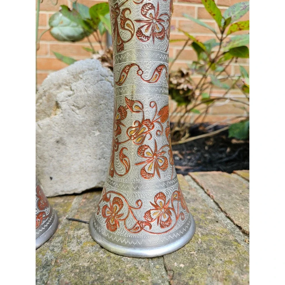 Vtg Pair of Silver-Tone Brass Trumpet Vases with Orange Floral Etchings, 9